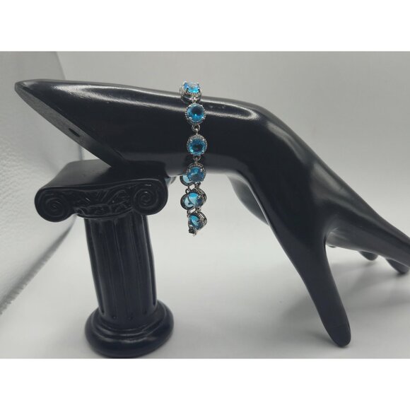 Sterling Silver Bracelet Aquamarine Blue Topaz 925 Round Cut Tennis Style - Picture 5 of 7